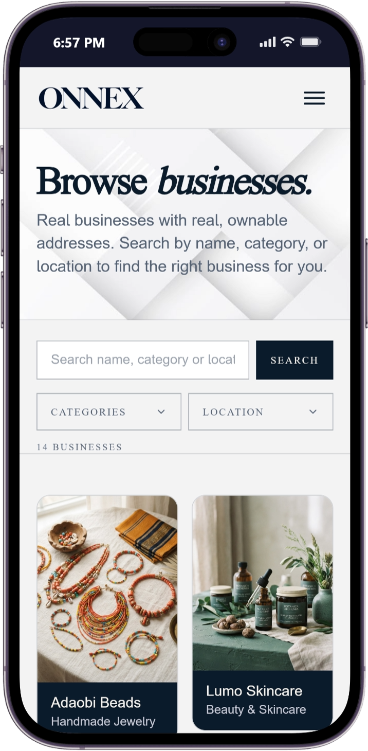 The Onnex discover feed, with search and category filters